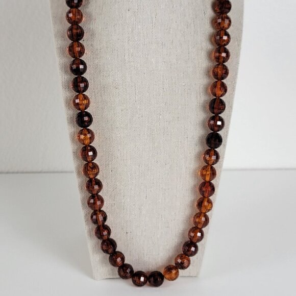 Vtg. Simulated Baltic Amber Lucite Beaded Necklace Cognac Hiidden Box Clasp 29" - Picture 1 of 9